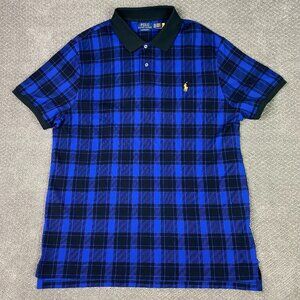 NWOT Polo Ralph Lauren Custom Slim Fit Plaid Mesh Polo Shirt Mens XXL Blue Black